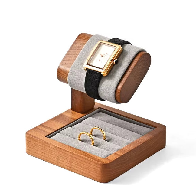 Single Gray Lined Watch Stand with Slotted Ring Tray